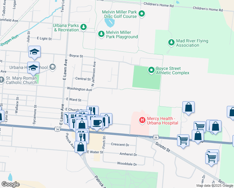 map of restaurants, bars, coffee shops, grocery stores, and more near 789 Washington Avenue in Urbana