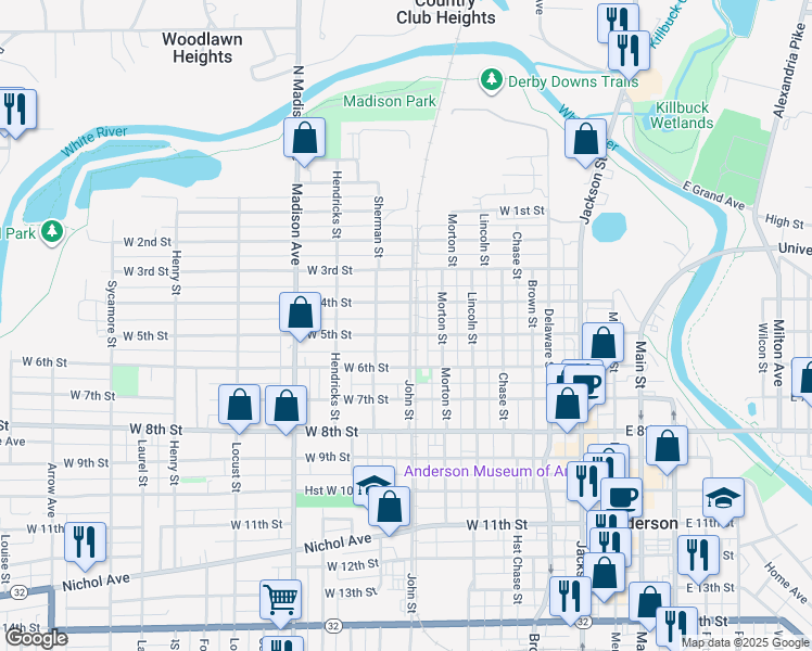map of restaurants, bars, coffee shops, grocery stores, and more near 705 West 4th Street in Anderson
