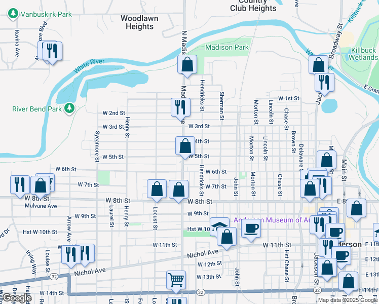 map of restaurants, bars, coffee shops, grocery stores, and more near 1003 West 4th Street in Anderson