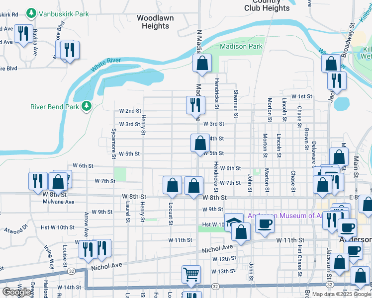 map of restaurants, bars, coffee shops, grocery stores, and more near 1111 West 4th Street in Anderson