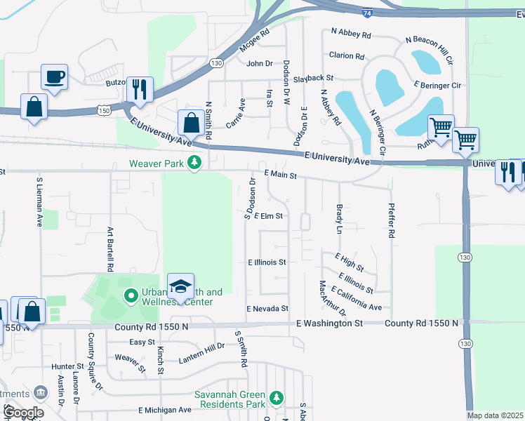 map of restaurants, bars, coffee shops, grocery stores, and more near 121 Scottswood Drive in Urbana