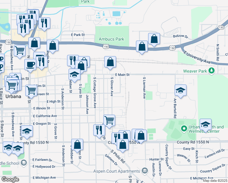 map of restaurants, bars, coffee shops, grocery stores, and more near 205 Hartle Avenue in Urbana