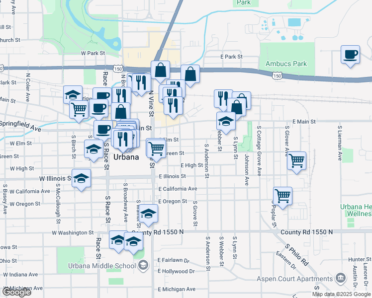 map of restaurants, bars, coffee shops, grocery stores, and more near 201 South Grove Street in Urbana