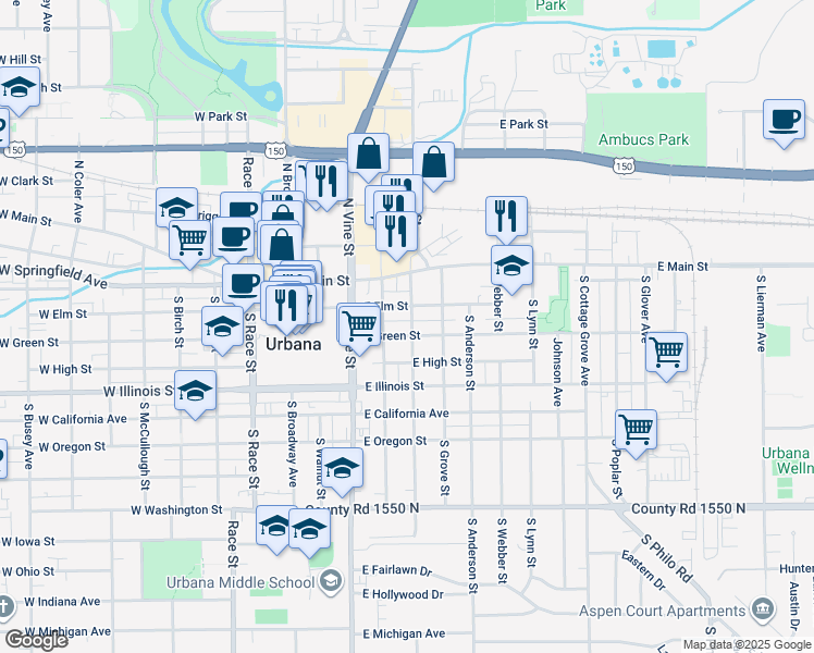 map of restaurants, bars, coffee shops, grocery stores, and more near 405 East Elm Street in Urbana