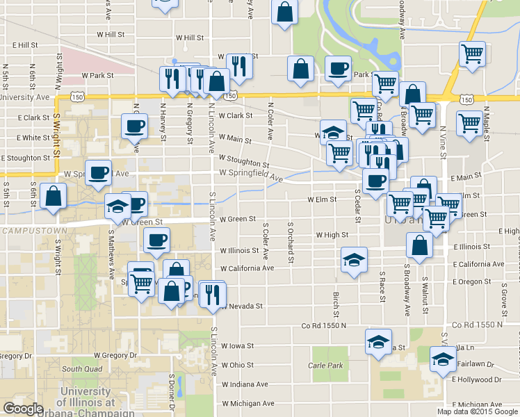 map of restaurants, bars, coffee shops, grocery stores, and more near 704 West Elm Street in Urbana