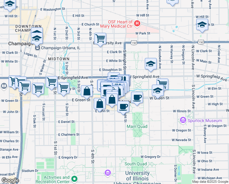 map of restaurants, bars, coffee shops, grocery stores, and more near 606 East Healey Street in Champaign