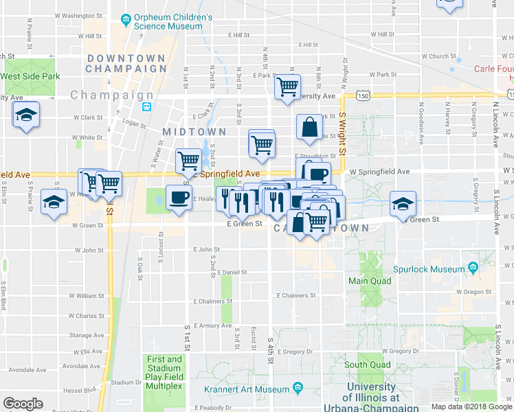 map of restaurants, bars, coffee shops, grocery stores, and more near 308 East Healey Street in Champaign