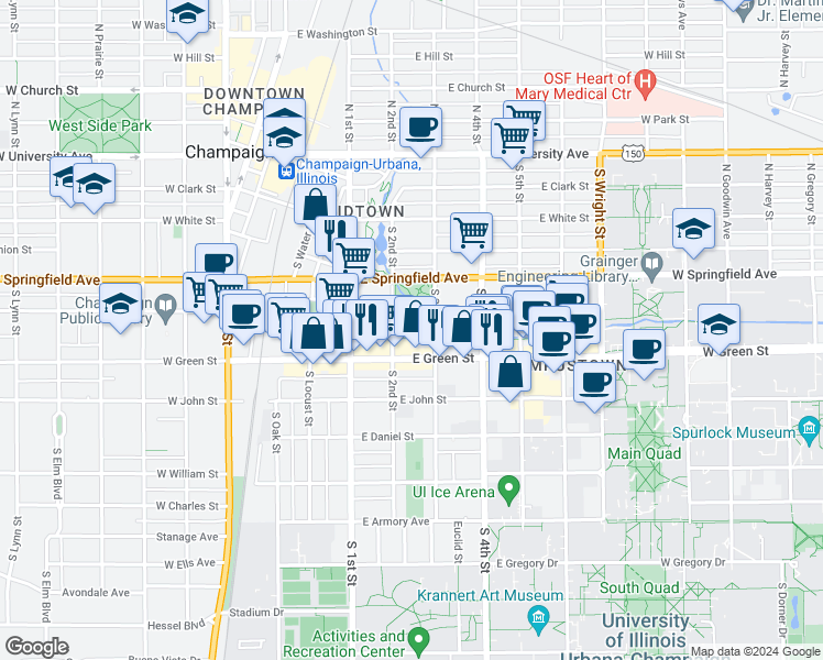 map of restaurants, bars, coffee shops, grocery stores, and more near 601 South 3rd Street in Champaign