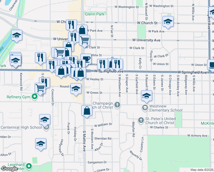 map of restaurants, bars, coffee shops, grocery stores, and more near 1607 West Healey Street in Champaign
