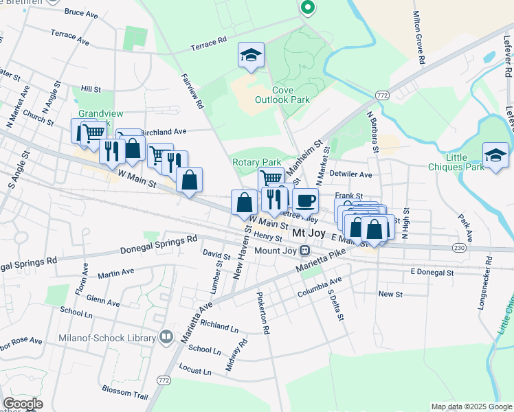 map of restaurants, bars, coffee shops, grocery stores, and more near 16 Manheim Street in Mount Joy
