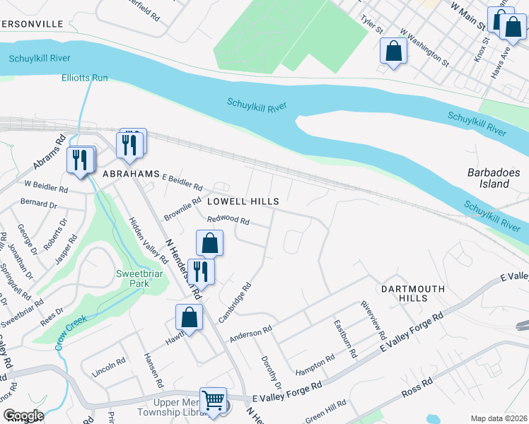 map of restaurants, bars, coffee shops, grocery stores, and more near 243 Brownlie Road in King of Prussia