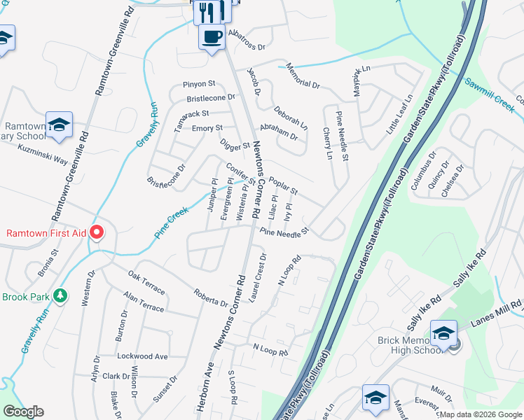 map of restaurants, bars, coffee shops, grocery stores, and more near 12 Lilac Place in Howell Township