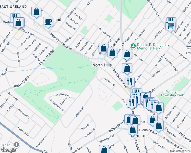 map of restaurants, bars, coffee shops, grocery stores, and more near 100 Station Avenue in Glenside