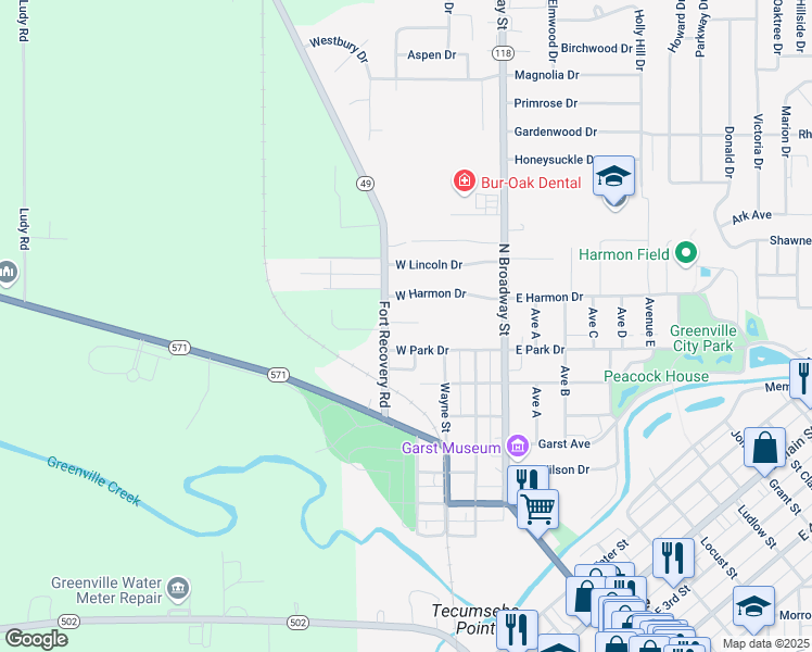 map of restaurants, bars, coffee shops, grocery stores, and more near 108 Knoll Drive in Greenville