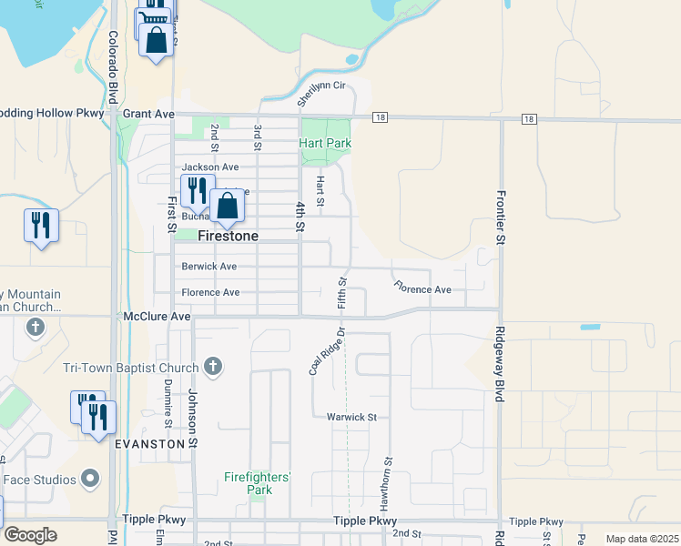map of restaurants, bars, coffee shops, grocery stores, and more near 466 Berwick Avenue in Firestone