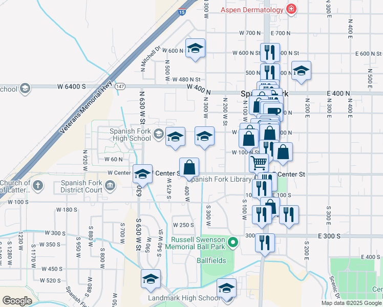 map of restaurants, bars, coffee shops, grocery stores, and more near 99 North 300 West in Spanish Fork