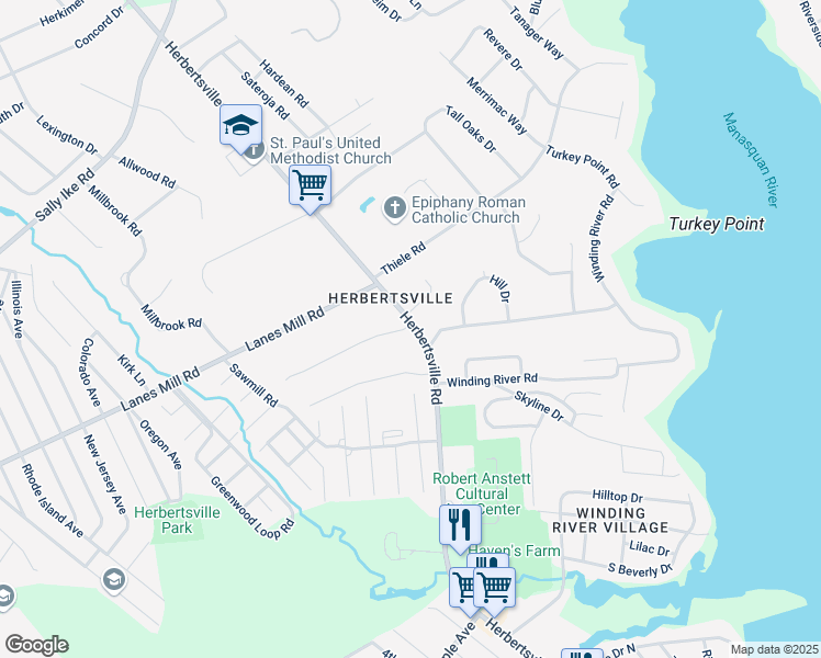 map of restaurants, bars, coffee shops, grocery stores, and more near 596 Herbertsville Road in Brick Township
