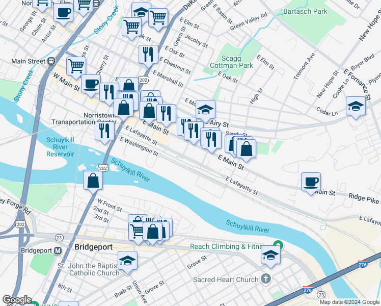 map of restaurants, bars, coffee shops, grocery stores, and more near 211 Walnut Street in Norristown