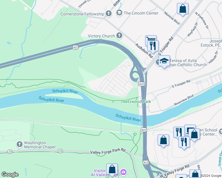map of restaurants, bars, coffee shops, grocery stores, and more near 26 Franklin Drive in Norristown