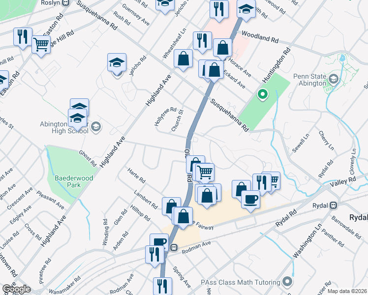 map of restaurants, bars, coffee shops, grocery stores, and more near 1821 Canterbury Road in Abington