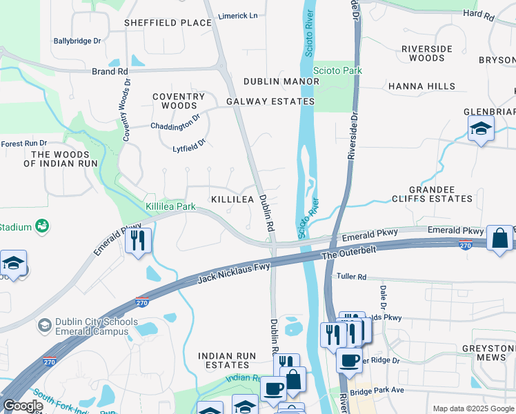 map of restaurants, bars, coffee shops, grocery stores, and more near 7044 Ohio 745 in Dublin