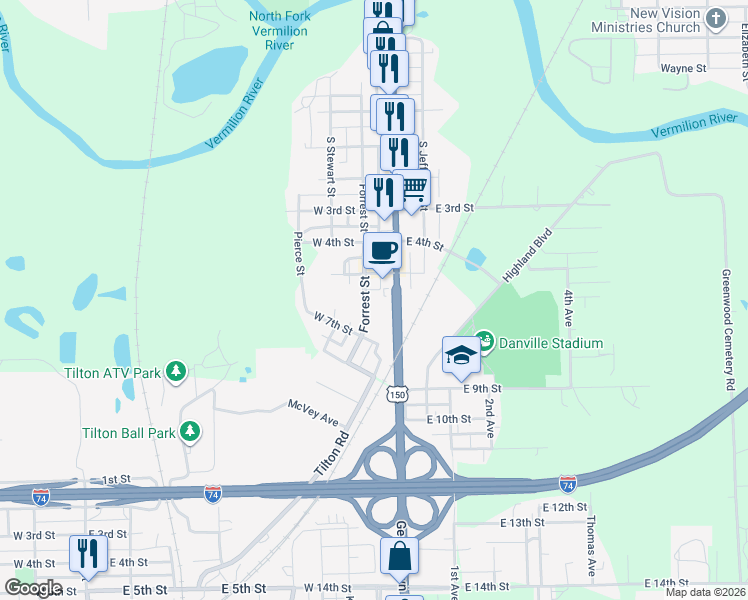map of restaurants, bars, coffee shops, grocery stores, and more near 701-899 Forrest Street in Danville