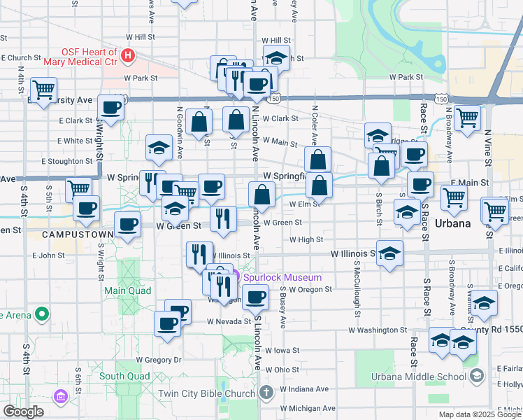 map of restaurants, bars, coffee shops, grocery stores, and more near 202 South Lincoln Avenue in Urbana