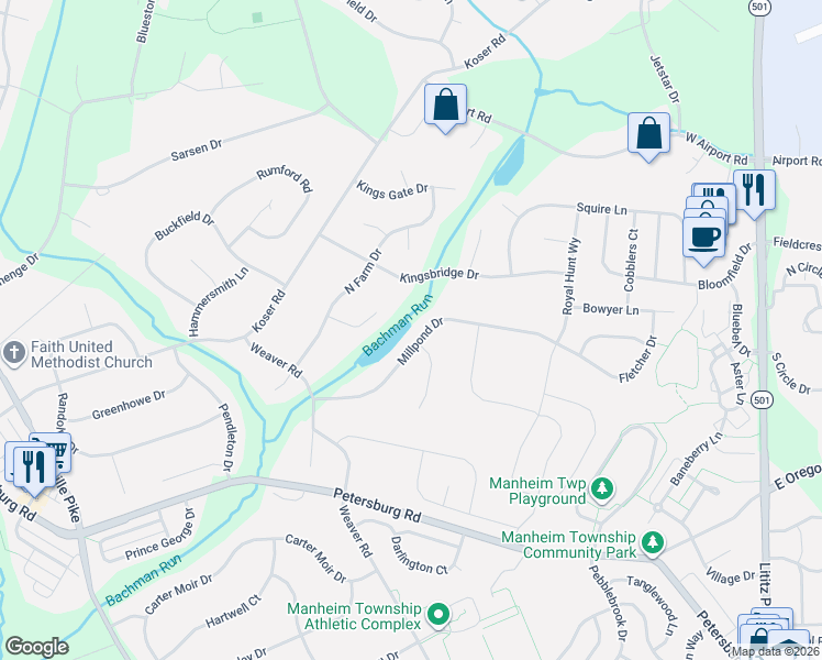 map of restaurants, bars, coffee shops, grocery stores, and more near 18 Brookside Court in Lititz