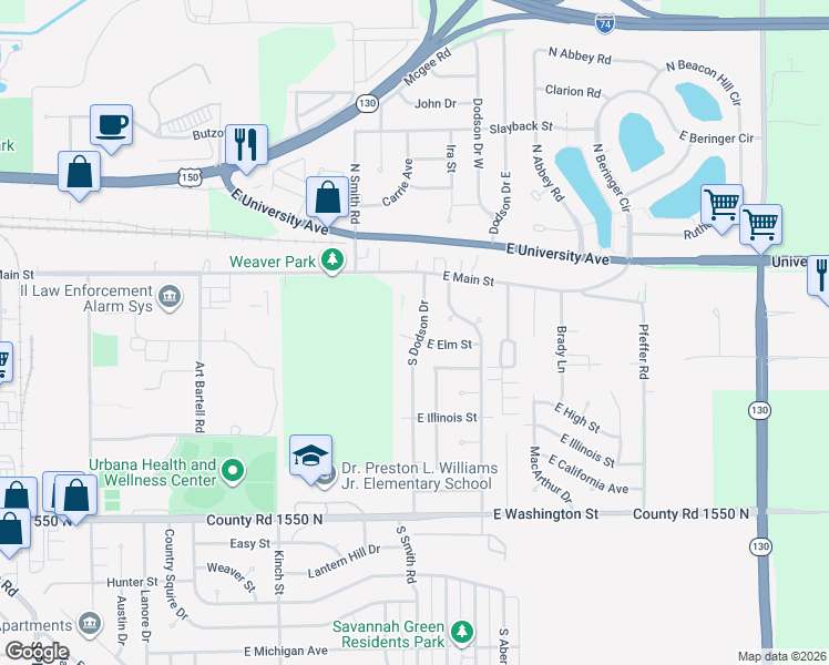map of restaurants, bars, coffee shops, grocery stores, and more near 115 South Dodson Drive in Urbana