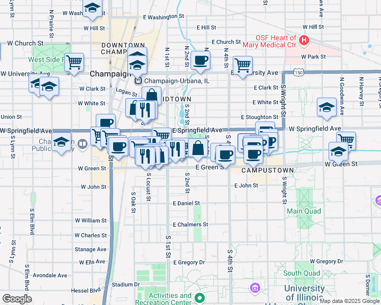 map of restaurants, bars, coffee shops, grocery stores, and more near 507 South 2nd Street in Champaign