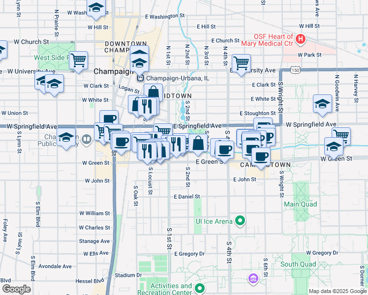 map of restaurants, bars, coffee shops, grocery stores, and more near 507 South 2nd Street in Champaign