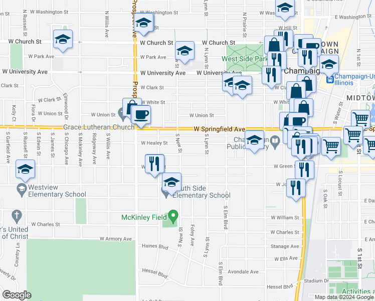 map of restaurants, bars, coffee shops, grocery stores, and more near 617 West Healey Street in Champaign