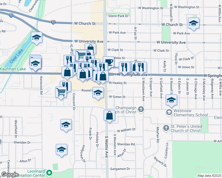 map of restaurants, bars, coffee shops, grocery stores, and more near 508 South Mattis Avenue in Champaign