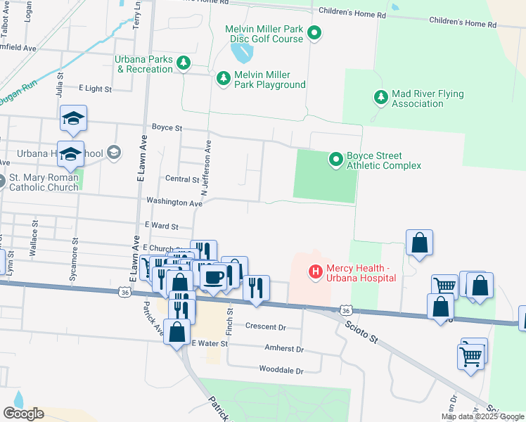map of restaurants, bars, coffee shops, grocery stores, and more near 789 Washington Avenue in Urbana