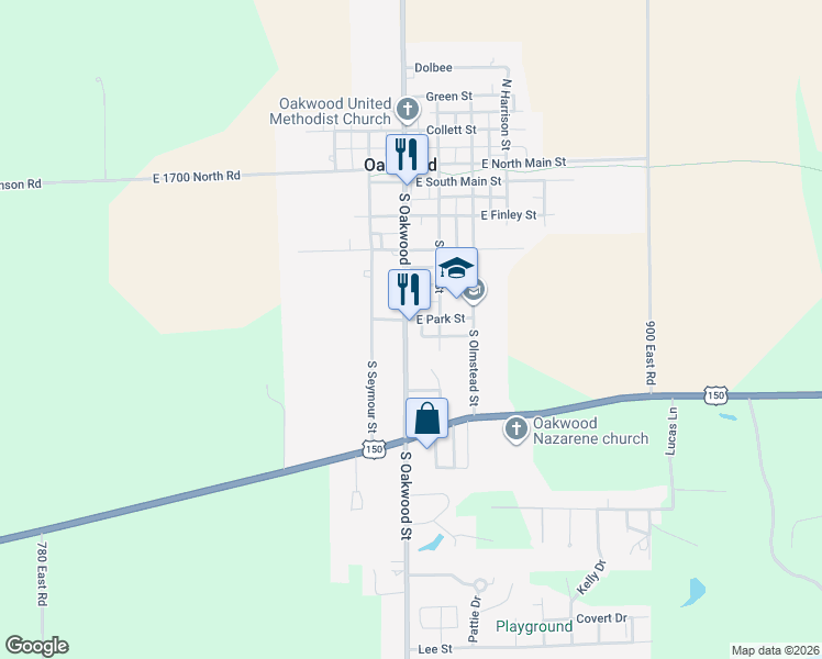 map of restaurants, bars, coffee shops, grocery stores, and more near 504 North Oakwood Street in Oakwood