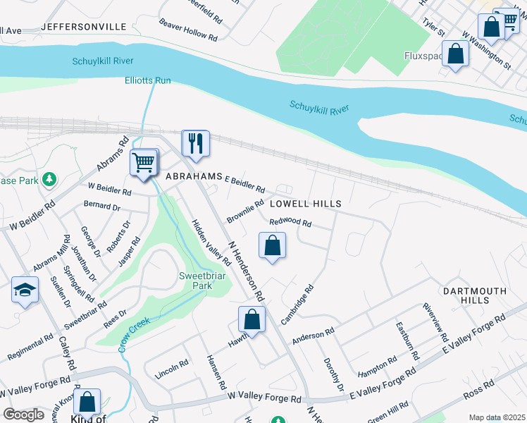 map of restaurants, bars, coffee shops, grocery stores, and more near 171 Redwood Road in King of Prussia