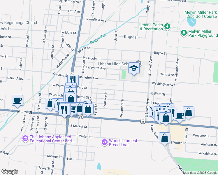 map of restaurants, bars, coffee shops, grocery stores, and more near 408 East Ward Street in Urbana