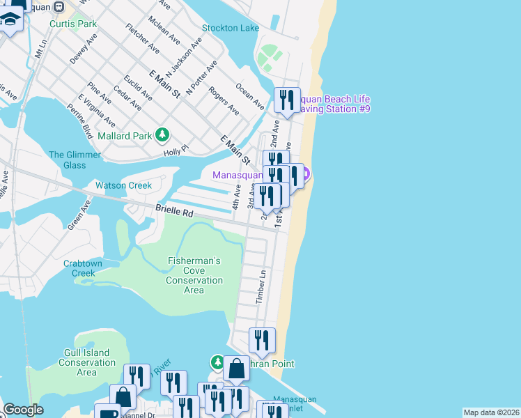 map of restaurants, bars, coffee shops, grocery stores, and more near 216 3rd Avenue in Manasquan