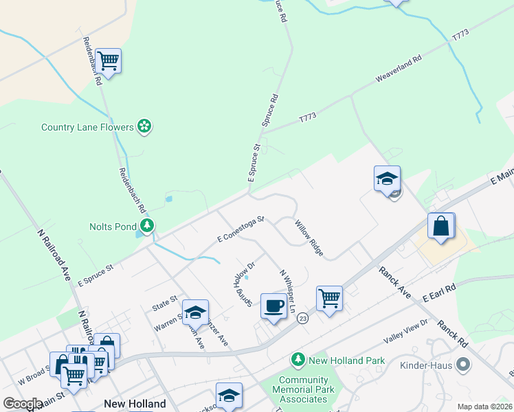 map of restaurants, bars, coffee shops, grocery stores, and more near 224 Willow Ridge in New Holland