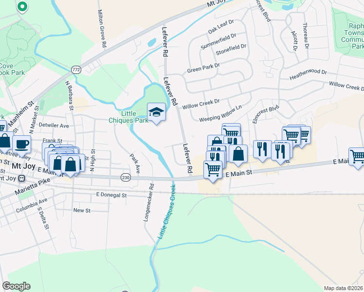 map of restaurants, bars, coffee shops, grocery stores, and more near 595 Staufer Court in Mount Joy