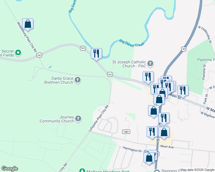 map of restaurants, bars, coffee shops, grocery stores, and more near 11460 County Highway 21 in Plain City