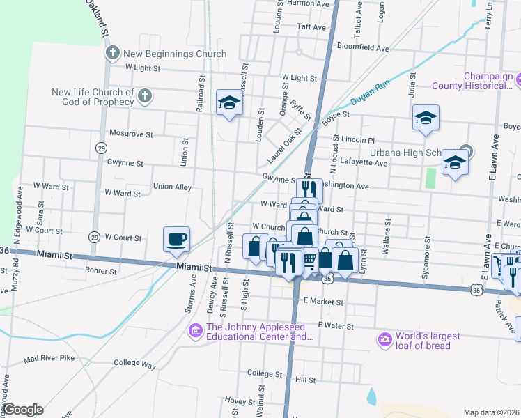 map of restaurants, bars, coffee shops, grocery stores, and more near 326 North High Street in Urbana