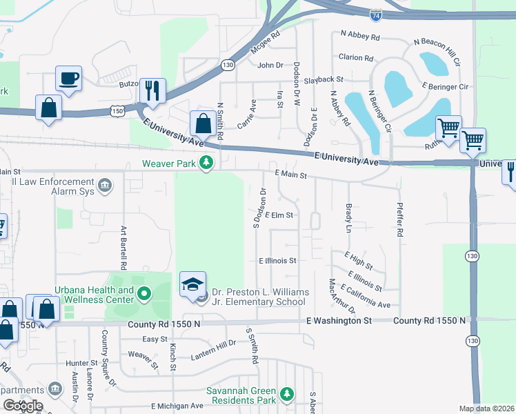 map of restaurants, bars, coffee shops, grocery stores, and more near 115 South Dodson Drive in Urbana