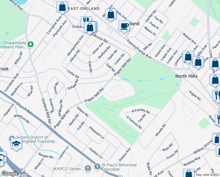 map of restaurants, bars, coffee shops, grocery stores, and more near 7 Red Oak Road in Oreland