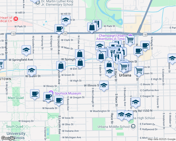 map of restaurants, bars, coffee shops, grocery stores, and more near 507 West Elm Street in Urbana