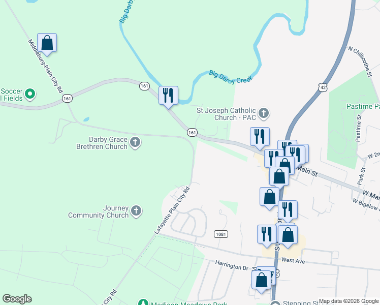 map of restaurants, bars, coffee shops, grocery stores, and more near 11460 County Highway 21 in Plain City