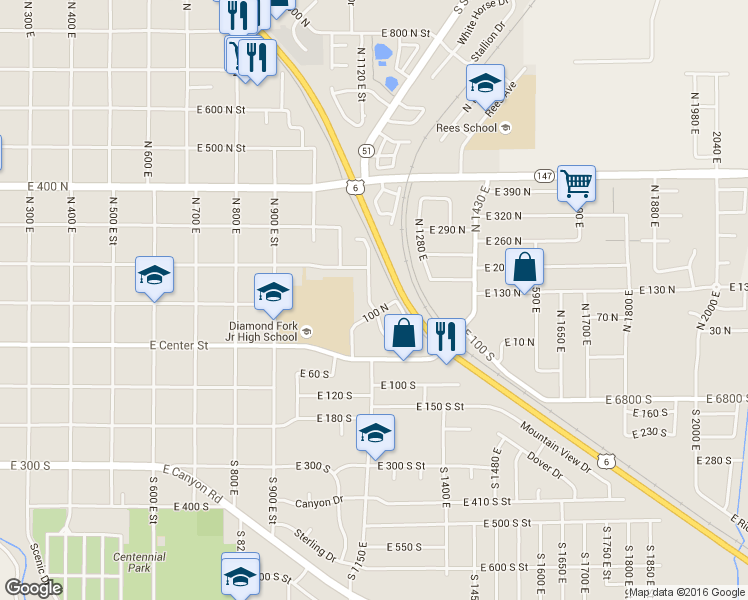 map of restaurants, bars, coffee shops, grocery stores, and more near 136 N 1120 E in Spanish Fork