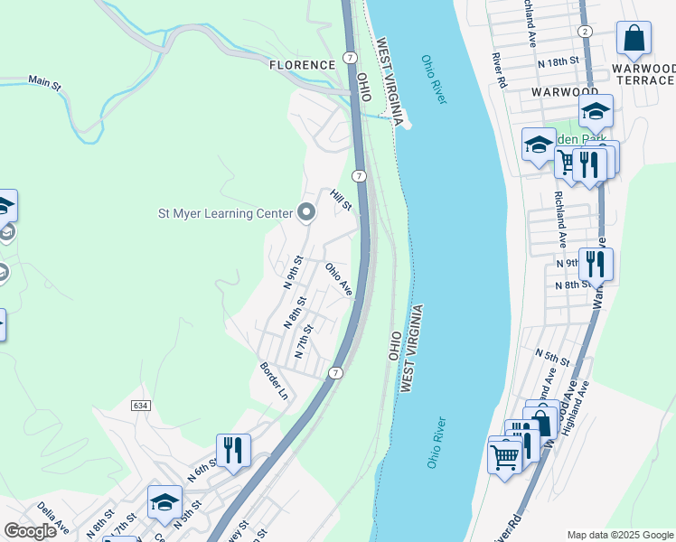 map of restaurants, bars, coffee shops, grocery stores, and more near 518 Ohio Avenue in Martins Ferry
