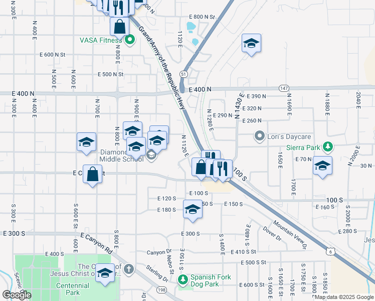map of restaurants, bars, coffee shops, grocery stores, and more near 136 N 1120 E in Spanish Fork