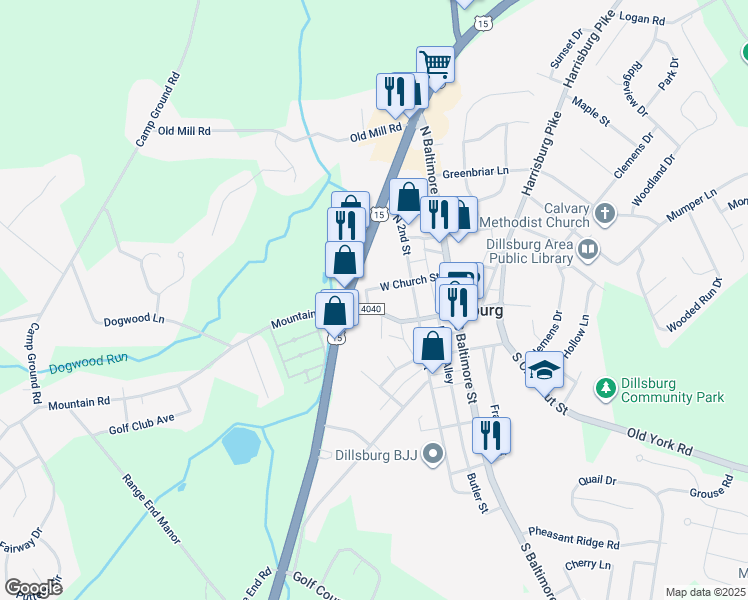 map of restaurants, bars, coffee shops, grocery stores, and more near 128 Harrisburg Street in Dillsburg